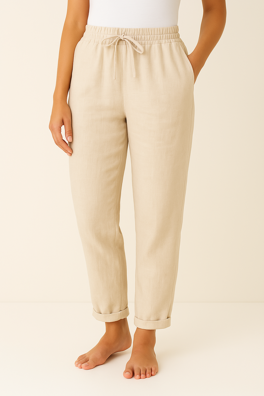 Women’s linen blend trousers by Les Odettes, regular fit, breathable fabric, shown in a natural pose with a focus on the trousers.