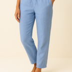 Women’s linen blend trousers by Les Odettes featuring a regular fit and breathable fabric, shown in a neutral color.