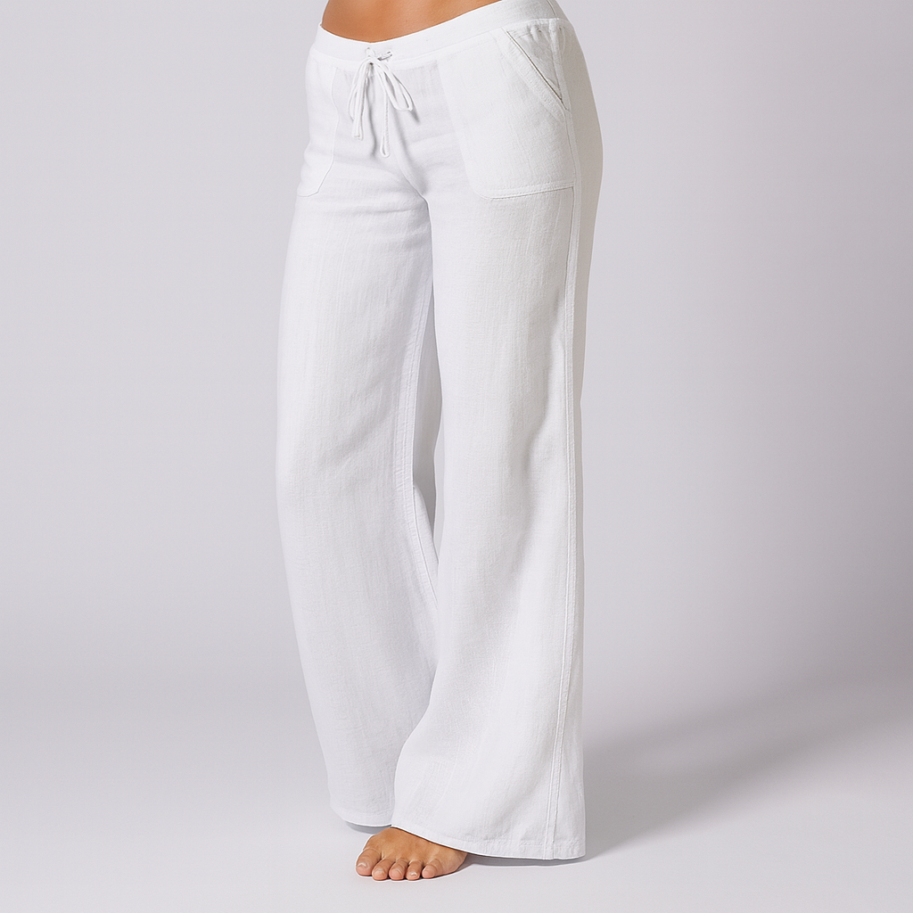 Women’s linen blend loose fit trousers with adjustable drawstring by Les Odettes, showing the relaxed fit and lightweight fabric.