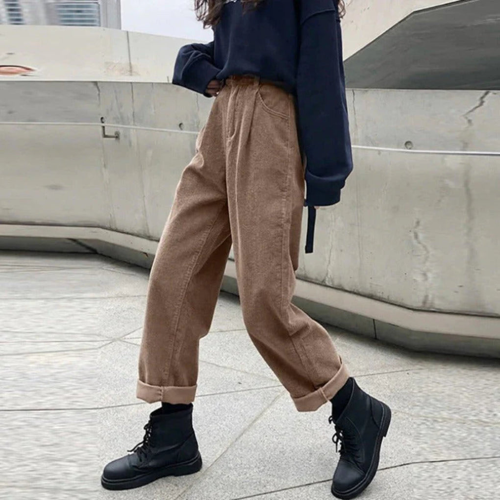 Women’s Corduroy Straight-Leg Trousers with Textured Finish and Mid Rise Waist