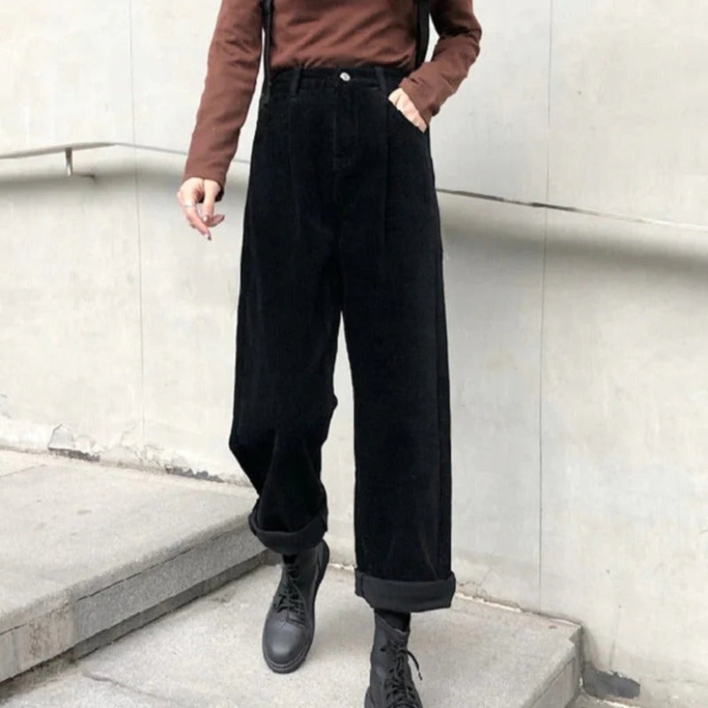 Women’s Corduroy Straight-Leg Trousers with Textured Finish and Mid Rise Waist