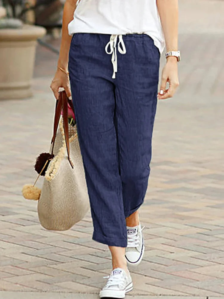 Women’s Cropped Trousers with Drawstring Waist and Straight Leg Fit