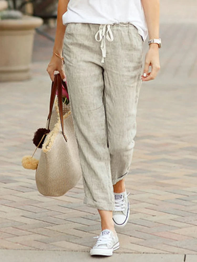 Women’s Cropped Trousers with Drawstring Waist and Straight Leg Fit