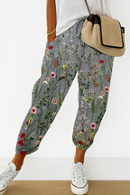 Women’s printed loose fit trousers with elastic waistband by Les Odettes, showing the relaxed fit and floral print fabric.