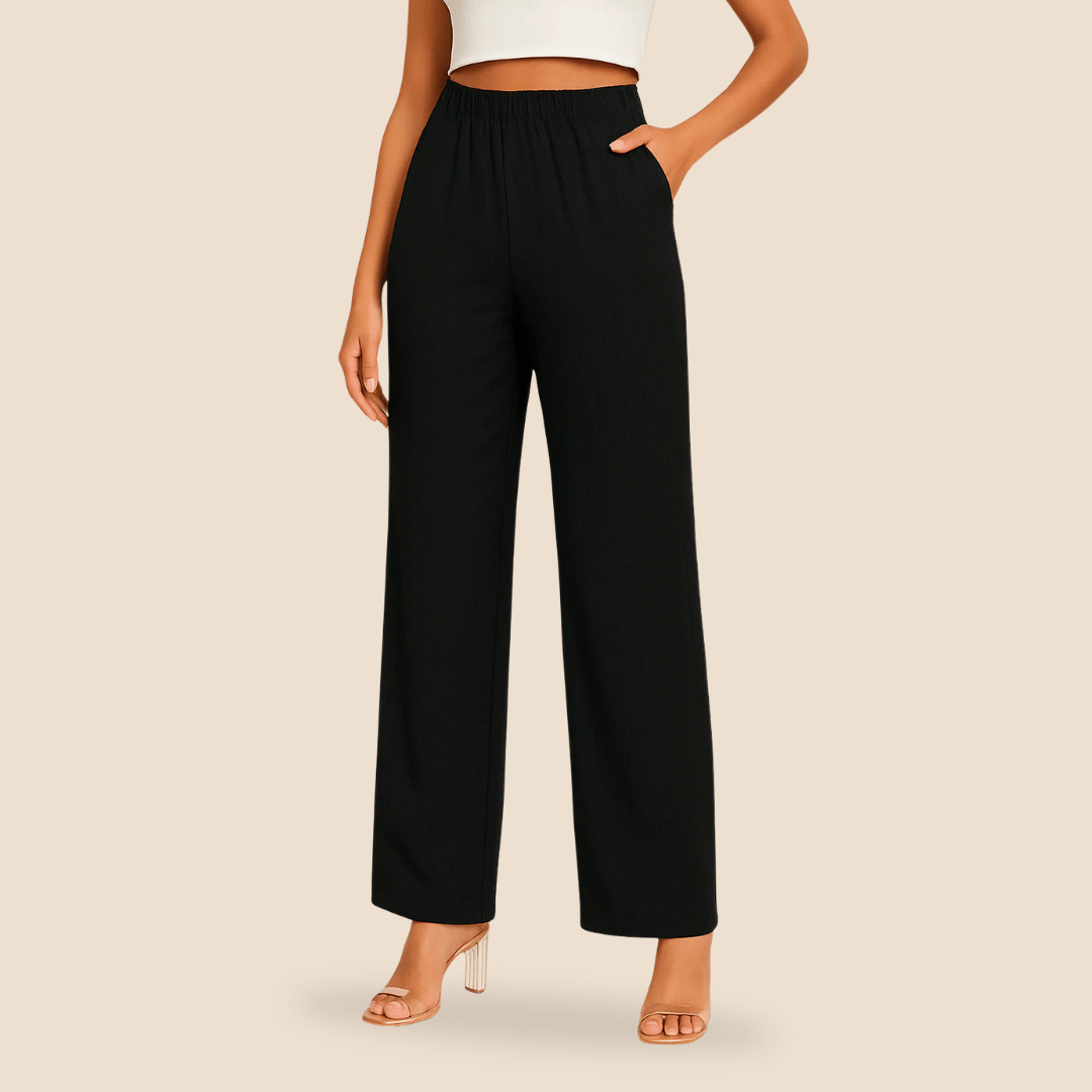 Women’s straight leg trousers by Les Odettes featuring lightweight fabric and an elastic waist, shown in a stylish, neutral color.