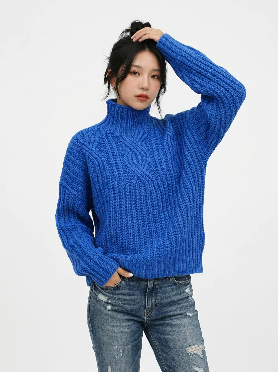Women’s Twist-Knit High Collar Sweater – Relaxed Winter Layer