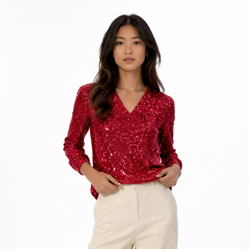 Women’s V-Neck Sequin Knit Sweater – Festive Pullover