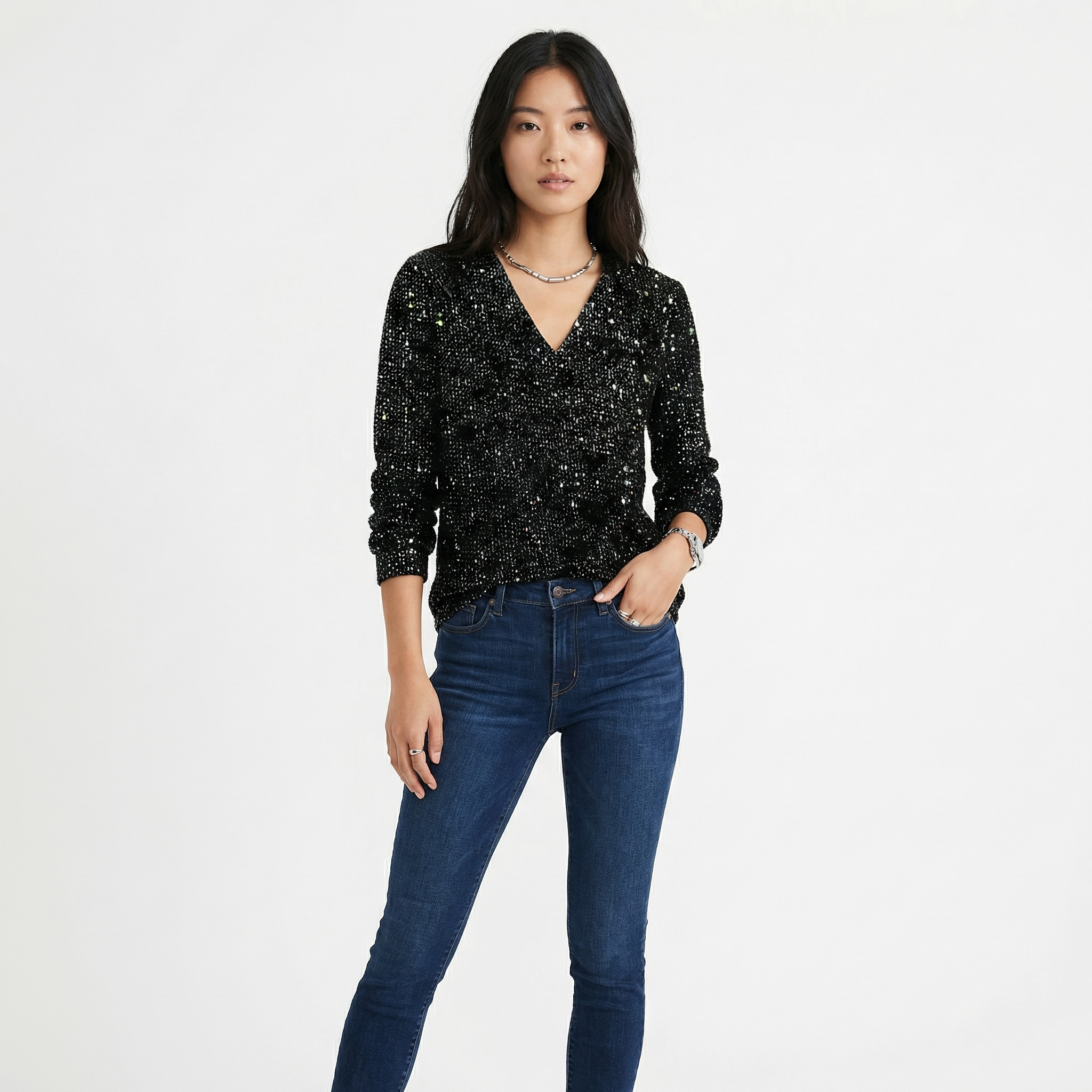 Women’s V-Neck Sequin Knit Sweater – Festive Pullover