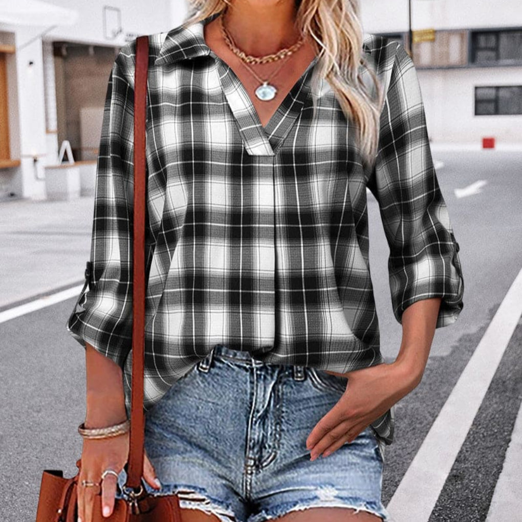 Women’s Check Pattern V-Neck Long Sleeve Relaxed Blouse Top