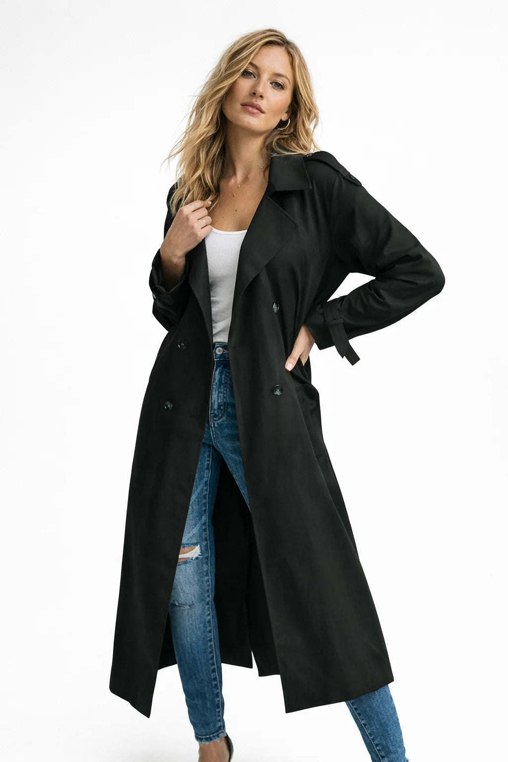 Women’s Double Breasted Trench Coat with Belted Waist and Classic Fit