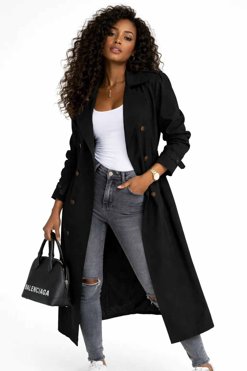 Women’s Hooded Trench Coat with Detachable Hood and Water-Resistant Fabric