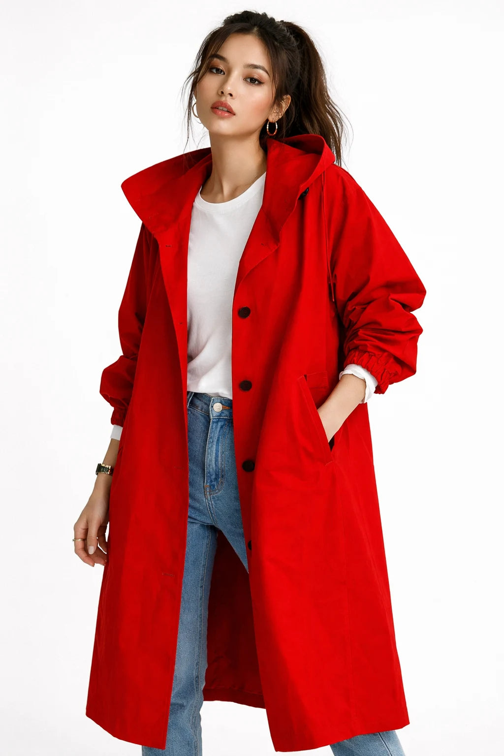 Women’s Hooded Trench Coat with Loose Fit and Button Closure