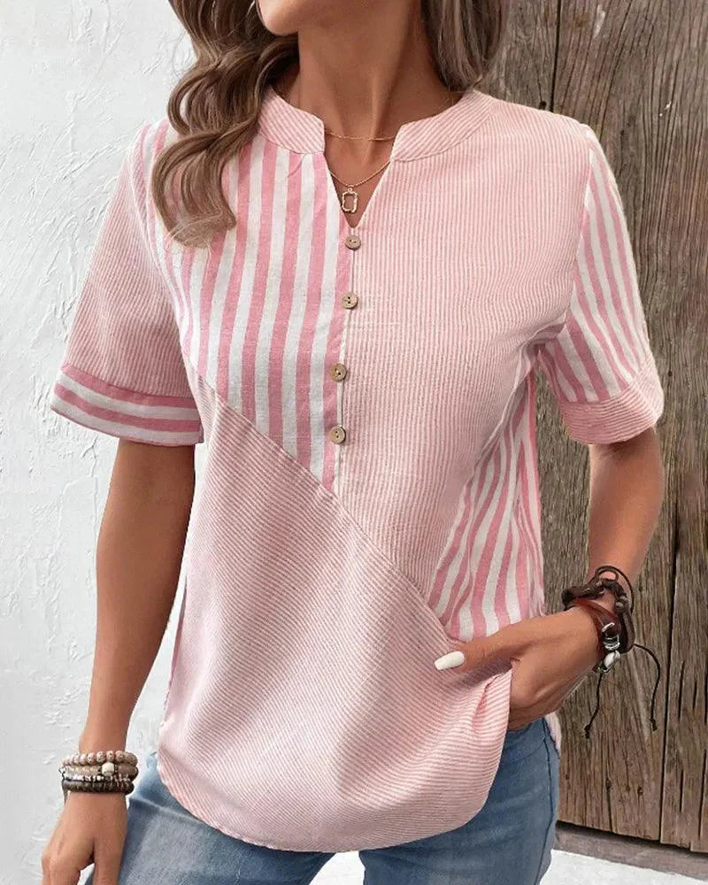 Women’s Vertical Stripe Mandarin Collar Button Blouse