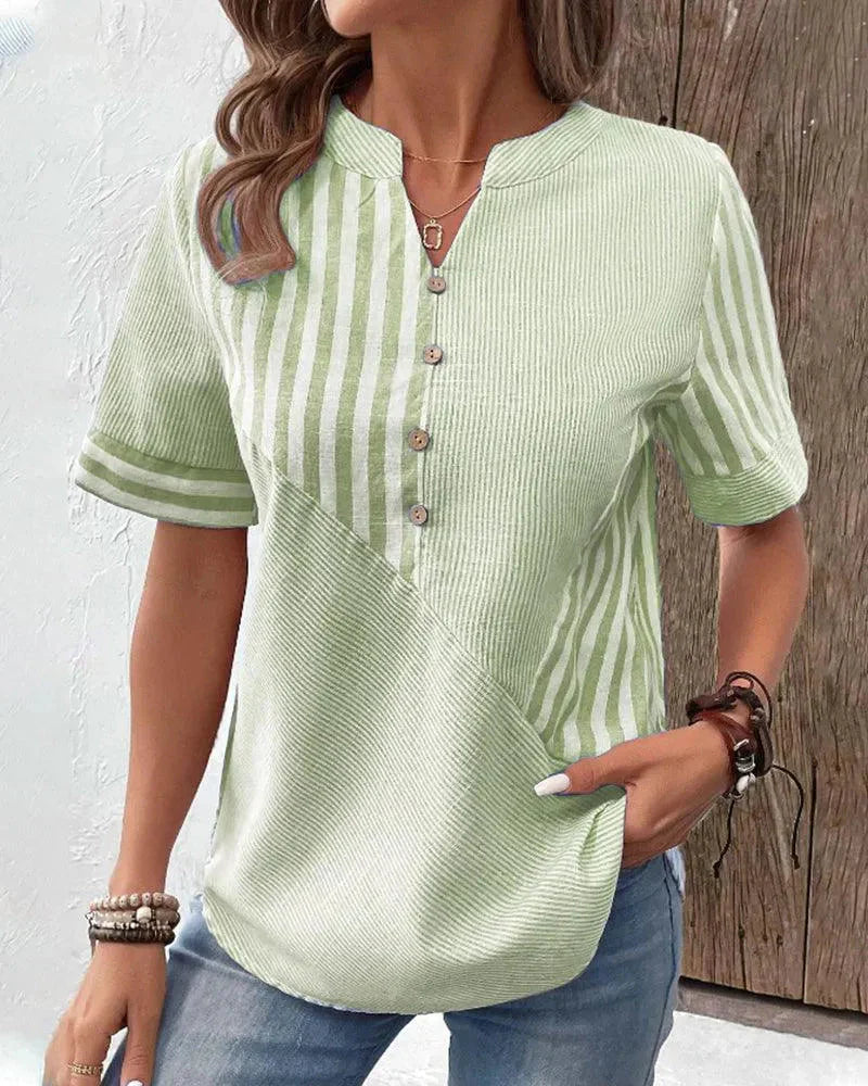 Women’s Vertical Stripe Mandarin Collar Button Blouse