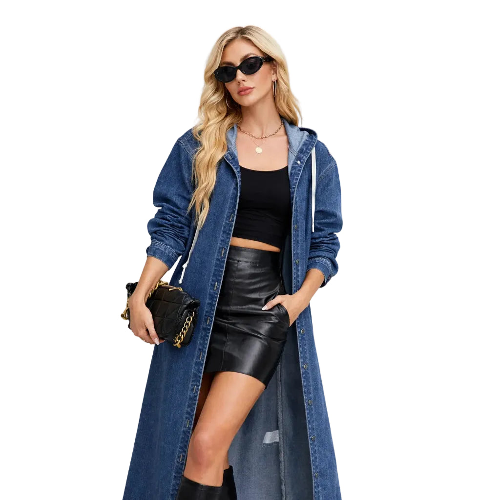Women’s Long Denim Trench Coat with Full-Opening Front