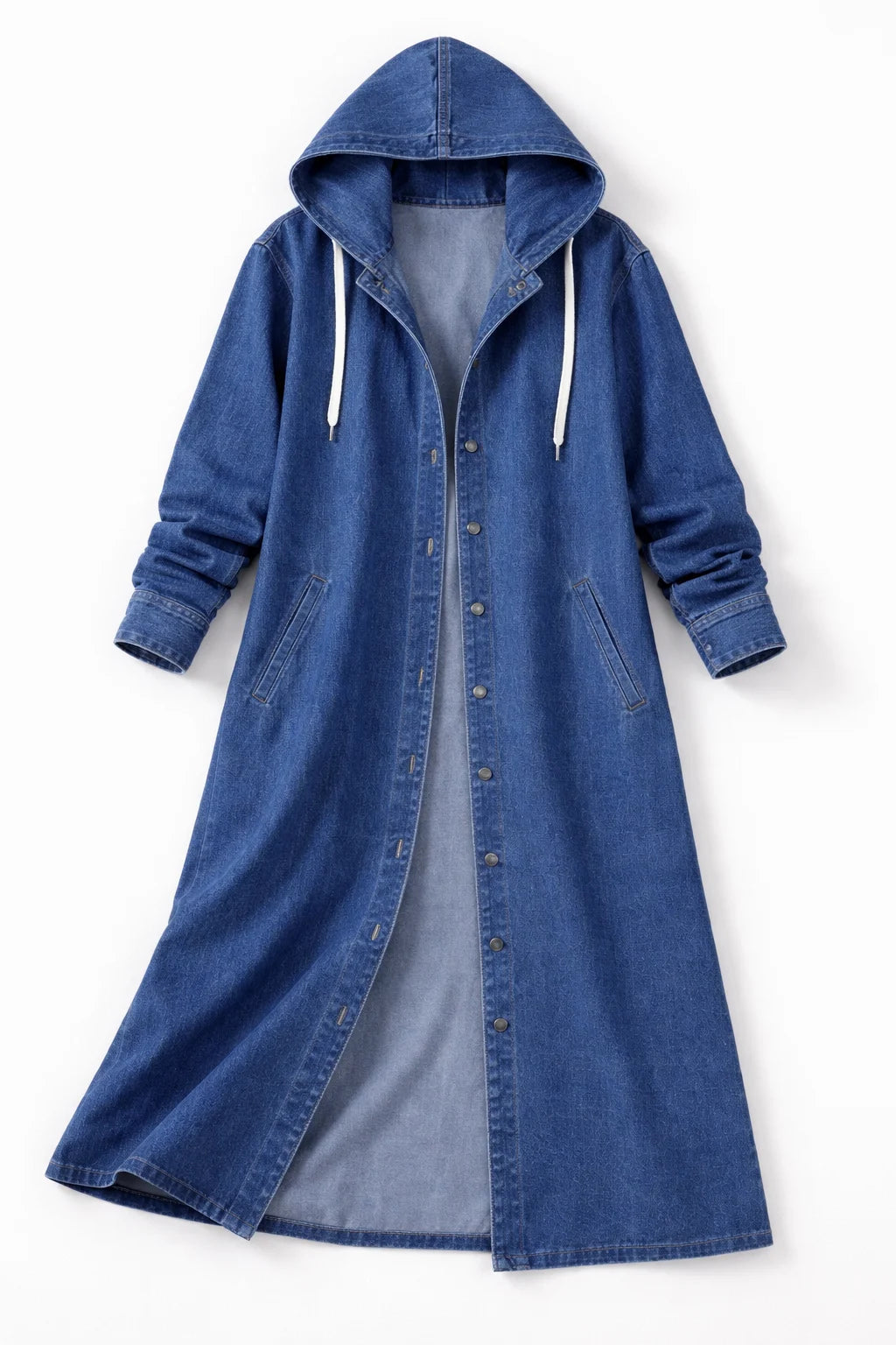 Women’s Long Denim Trench Coat with Full-Opening Front