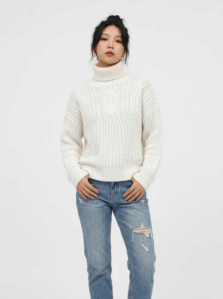 Women’s Twist-Knit High Collar Sweater – Relaxed Winter Layer