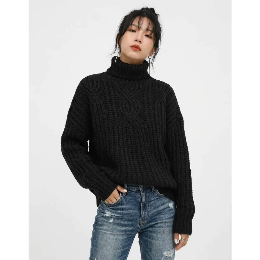 Women’s Twist-Knit High Collar Sweater – Relaxed Winter Layer