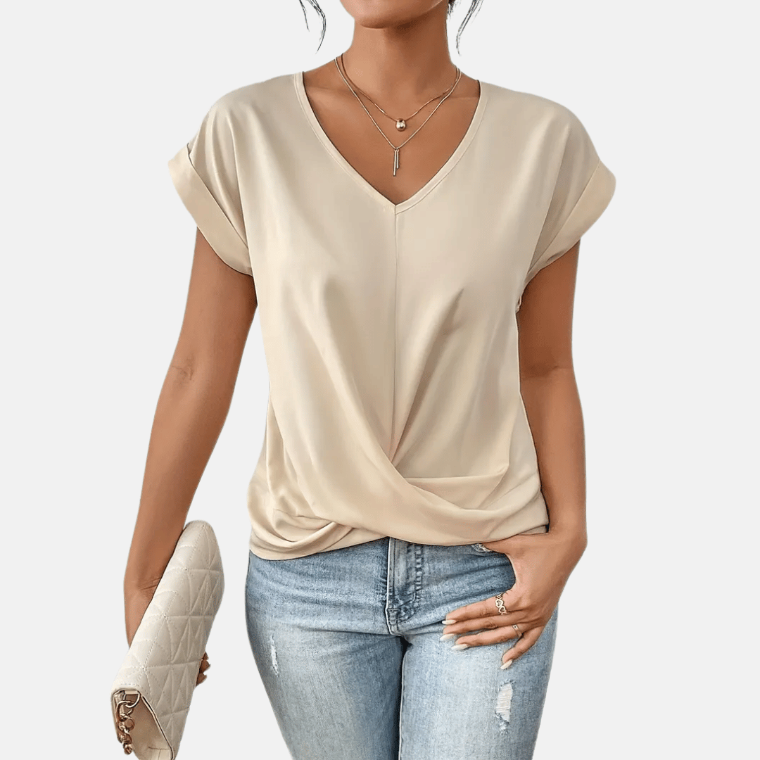 Women’s V-Neck Short Sleeve Draped Hem Blouse
