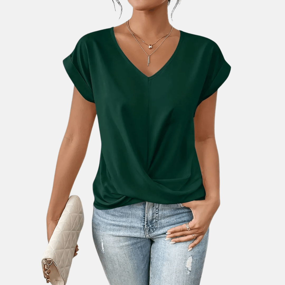 Women’s V-Neck Short Sleeve Draped Hem Blouse