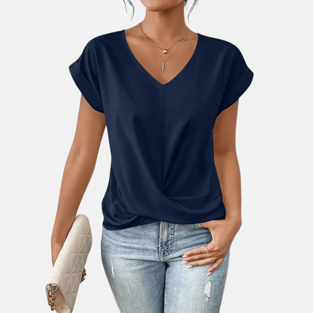 Women’s V-Neck Short Sleeve Draped Hem Blouse