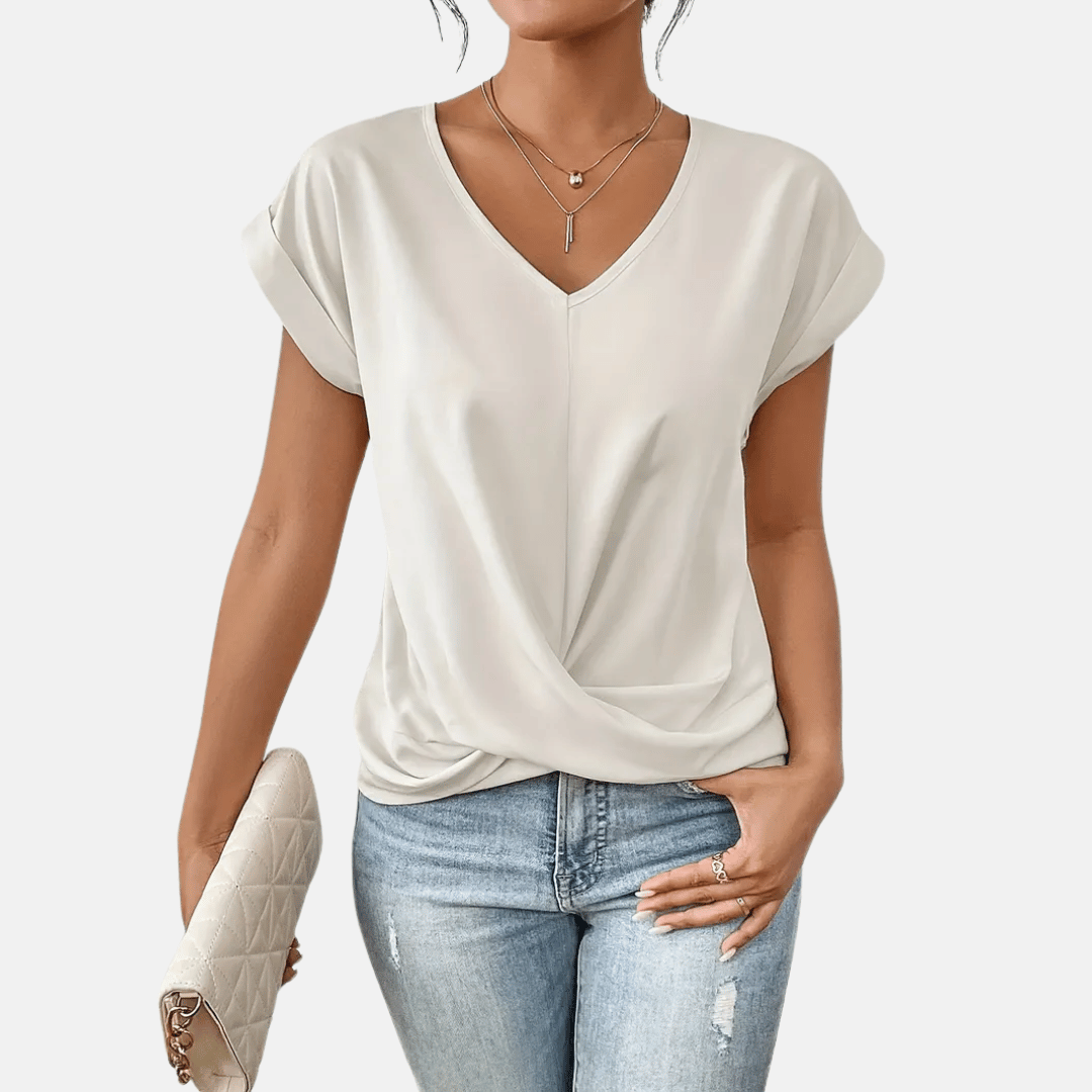 Women’s V-Neck Short Sleeve Draped Hem Blouse