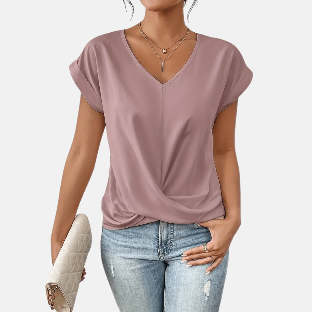 Women’s V-Neck Short Sleeve Draped Hem Blouse