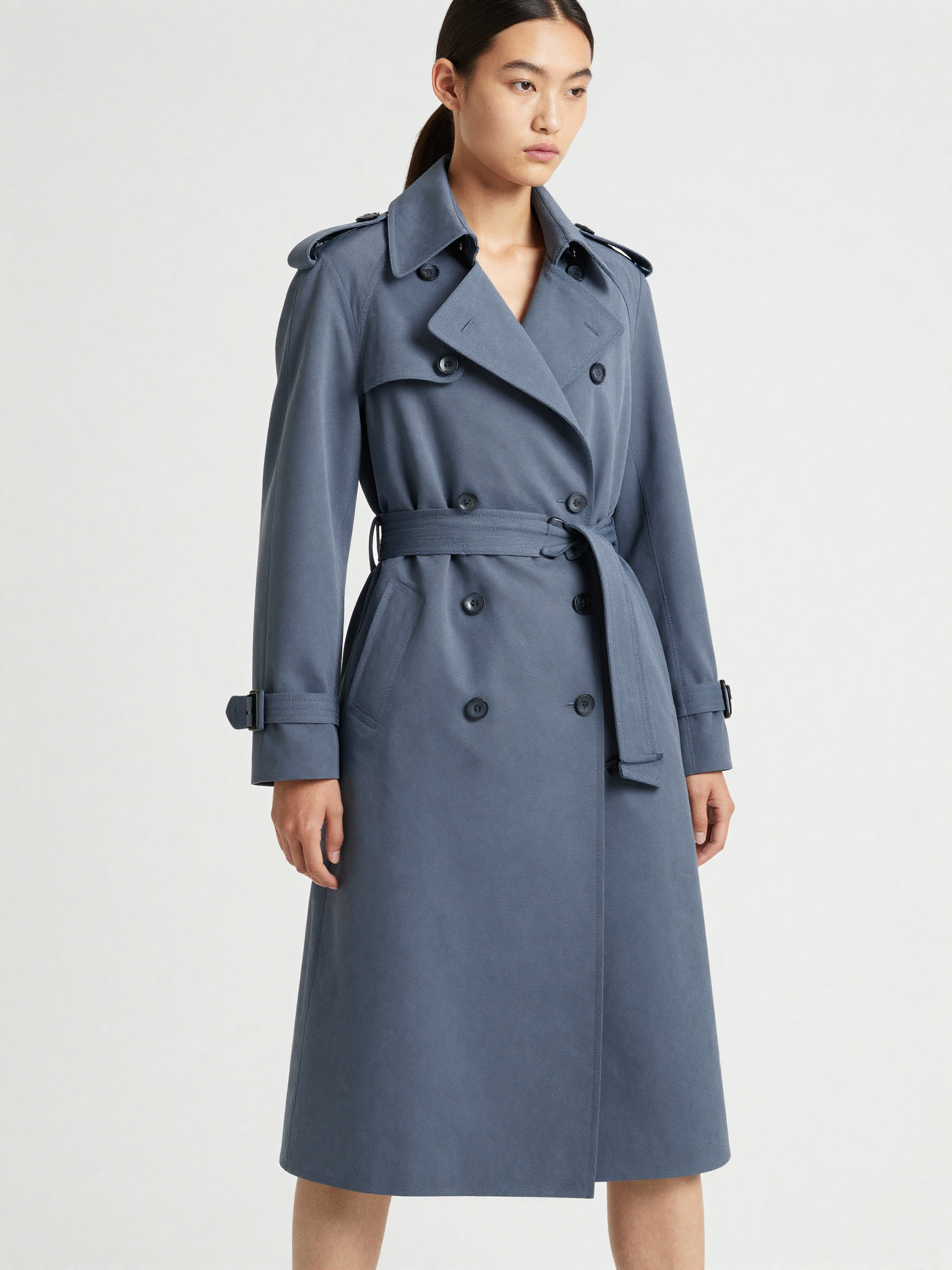 Women’s Vintage Style Belted Trench Coat with Epaulettes and Mid-Length Cut