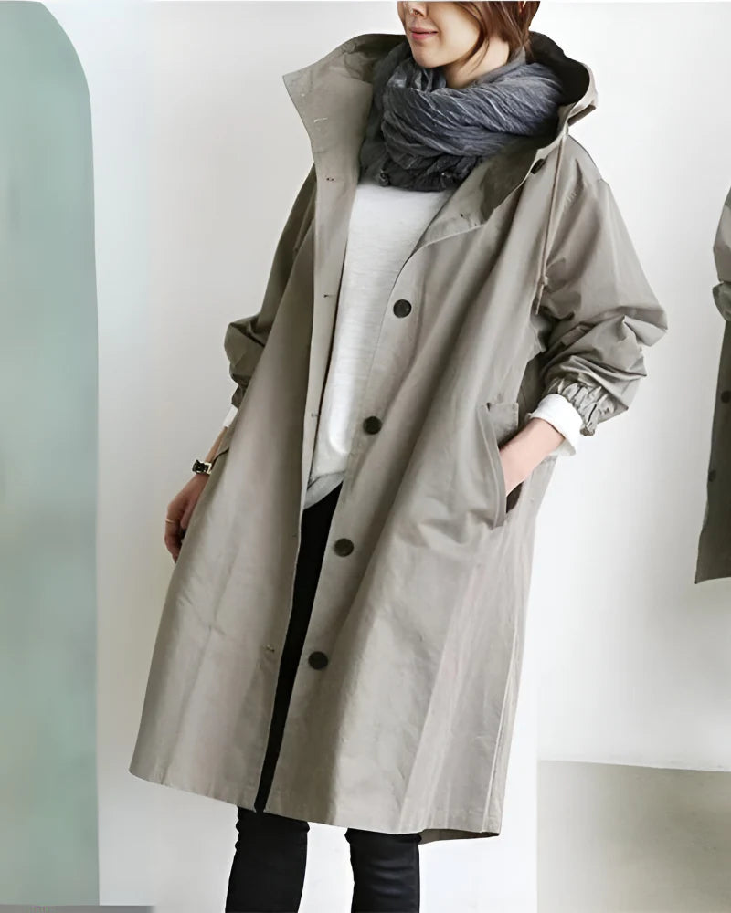 Women’s Hooded Trench Coat with Loose Fit and Button Closure