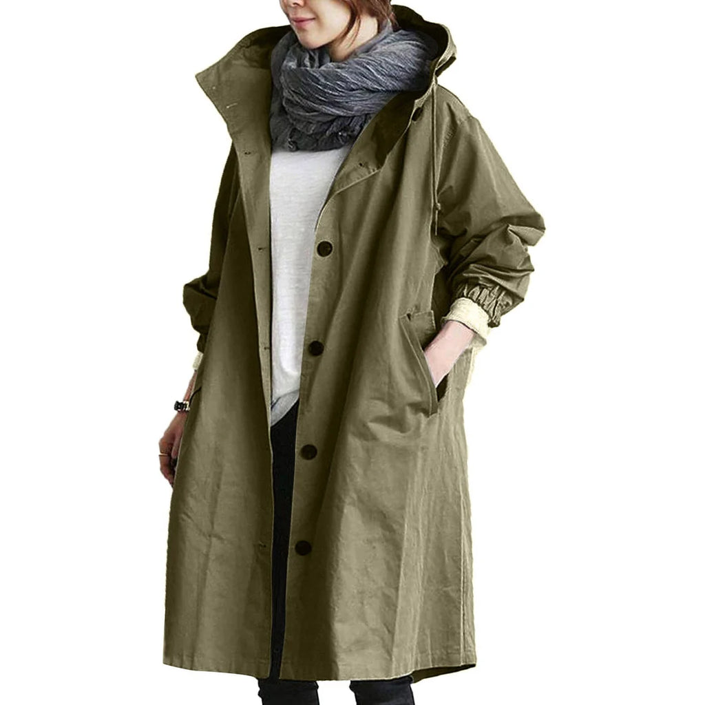 Women’s army green waterproof raincoat with hood and lightweight design by Les Odettes, shown in a front view.