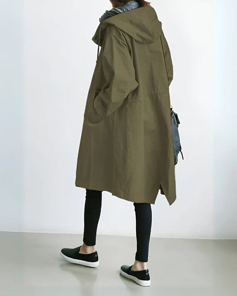 Women’s Hooded Trench Coat with Loose Fit and Button Closure