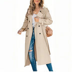 Women’s Cotton Blend Belted Trench Coat with Lapel Collar and Tailored Fit