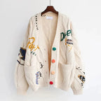 Women’s Patchwork Embroidered Knit Cardigan – V-Neck Button Style