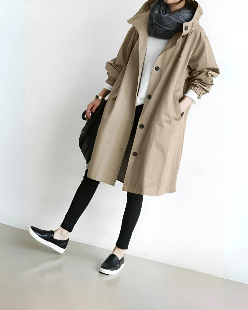 Women’s Hooded Trench Coat with Loose Fit and Button Closure