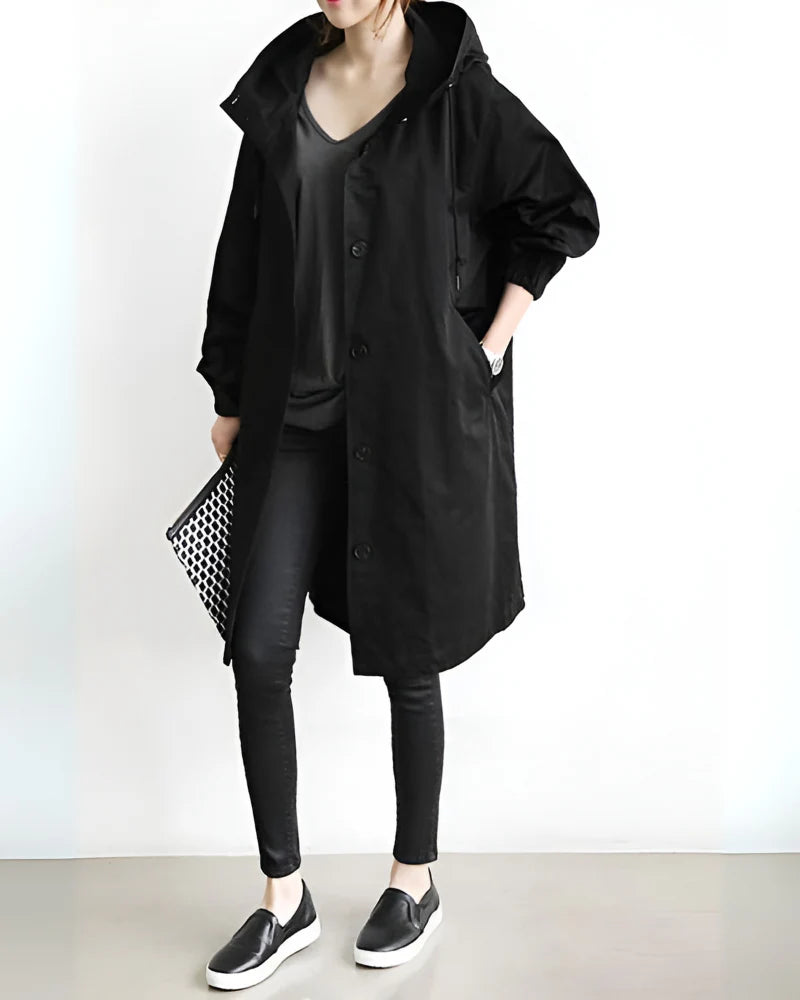 Women’s Hooded Trench Coat with Loose Fit and Button Closure