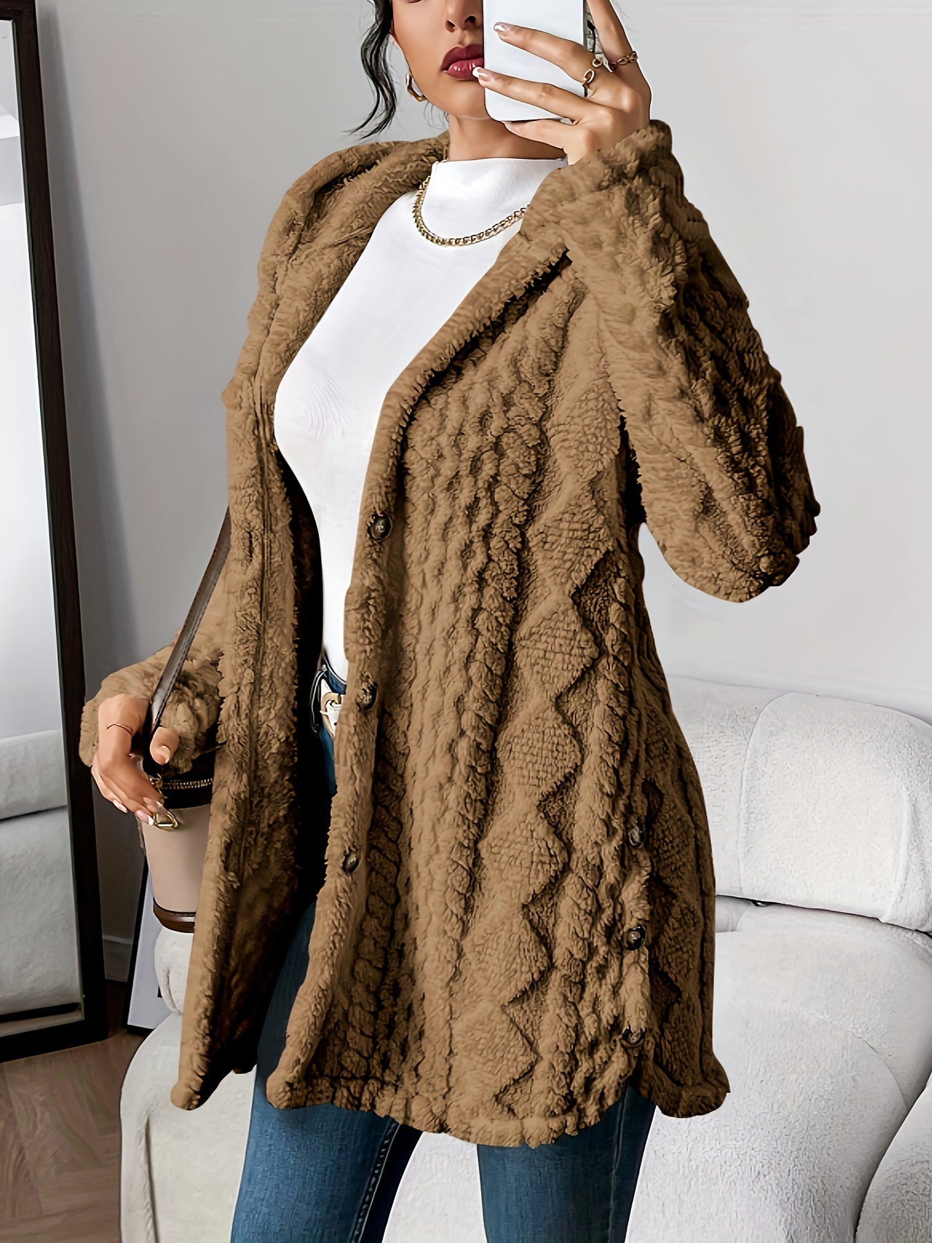 Les Odettes Adriana™ plush hooded cardigan with cozy fabric, front pockets, and a relaxed fit, perfect for casual comfort.