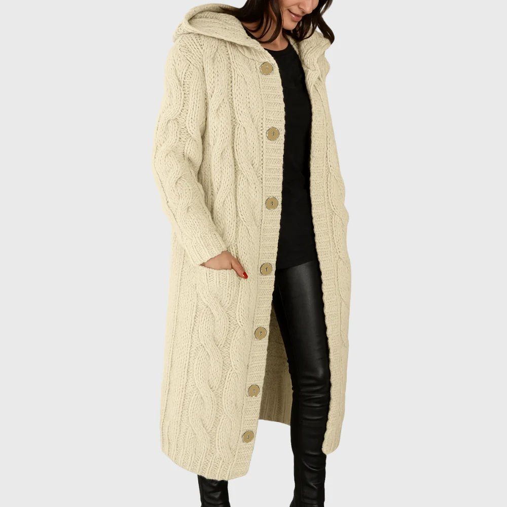 Cream Cadence™ cozy cardigan by Les Odettes with wood buttons, soft knit fabric, and a relaxed, elegant fit.