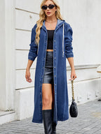 Women’s Long Denim Trench Coat with Full-Opening Front