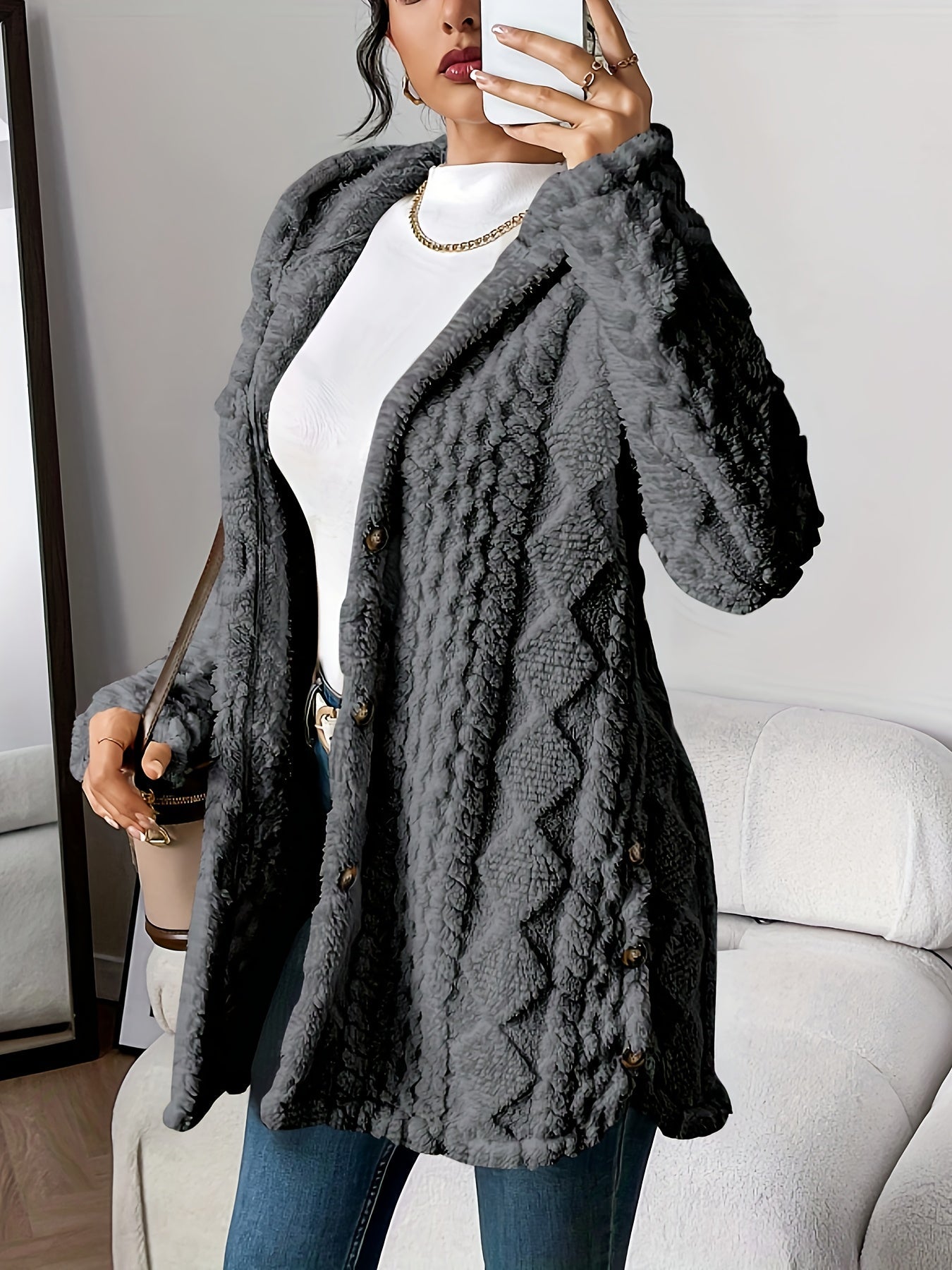 Les Odettes Adriana™ plush hooded cardigan featuring soft fabric, cozy hood, and relaxed fit for comfortable wear.