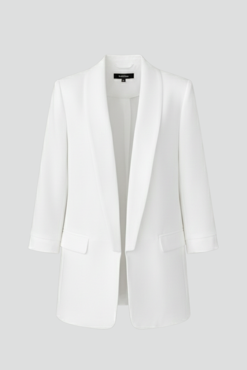 Les Odettes Elysia women's fitted wrap collar blazer displayed on a hanger, featuring tailored design and classic styling.
