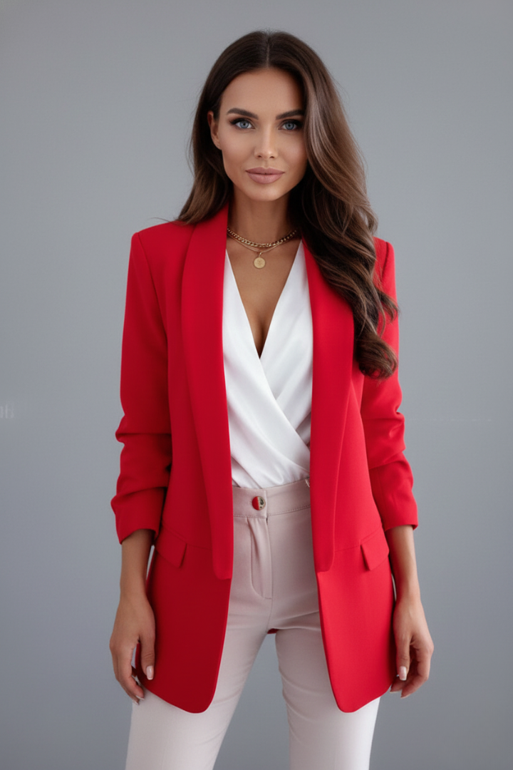 Les Odettes Elysia women's fitted wrap collar blazer, tailored with a structured design and elegant lapel, front view.