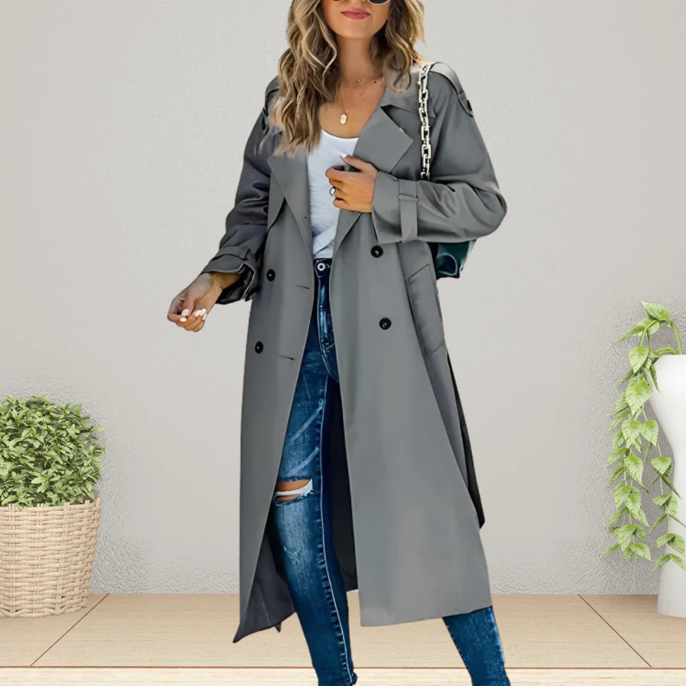 Women’s Double Breasted Mid-Season Trench Coat with Turn-Down Collar