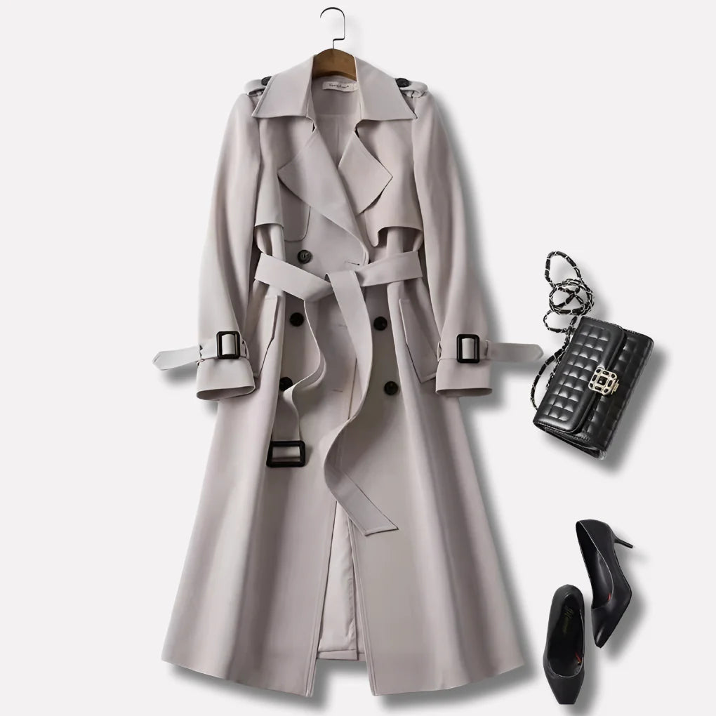 Women’s Vintage Style Belted Trench Coat with Epaulettes and Mid-Length Cut