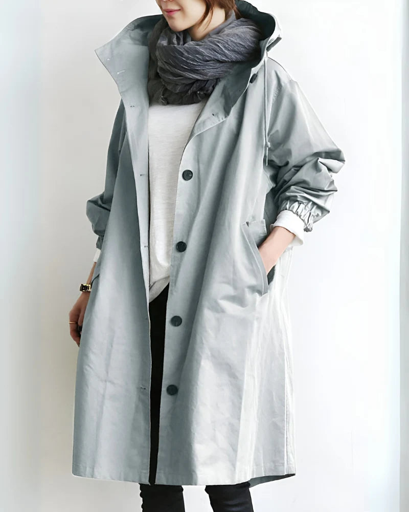 Women’s Hooded Trench Coat with Loose Fit and Button Closure