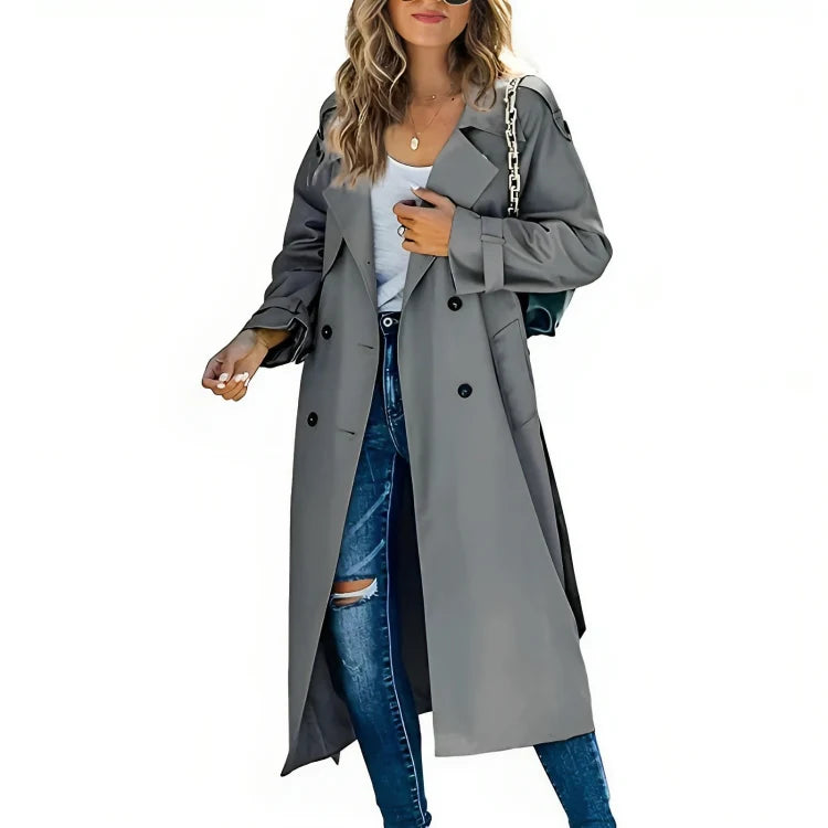 Women’s Cotton Blend Belted Trench Coat with Lapel Collar and Tailored Fit