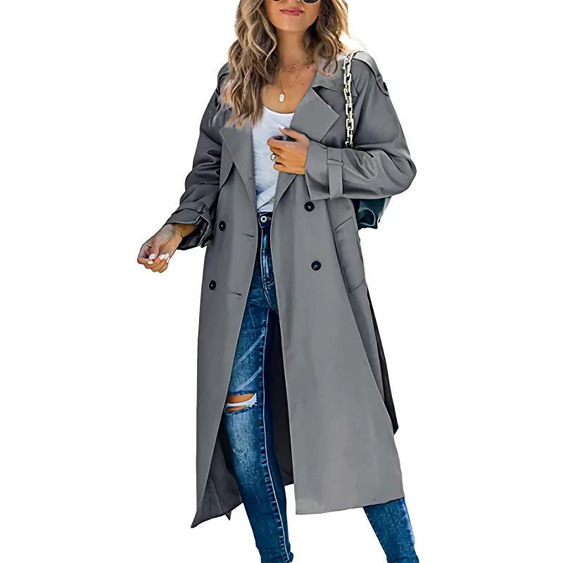 Women’s Long Water-Repellent Trench Coat with Classic Button Closure