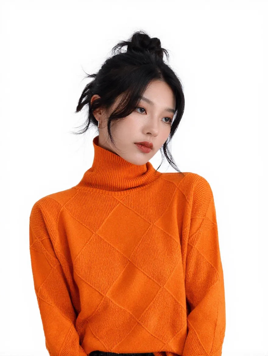Women’s Argyle Wool Turtleneck Sweater – Soft Autumn/Winter Layer
