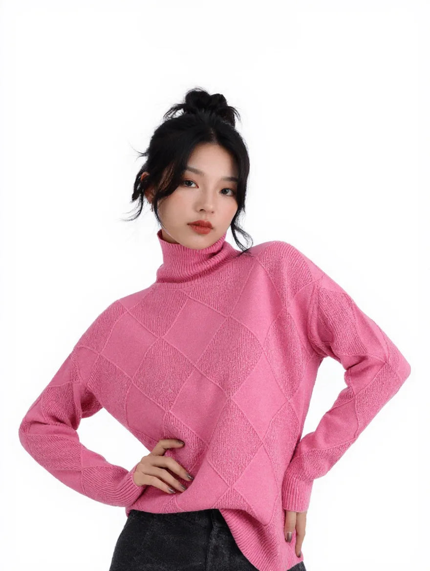 Women’s Argyle Wool Turtleneck Sweater – Soft Autumn/Winter Layer