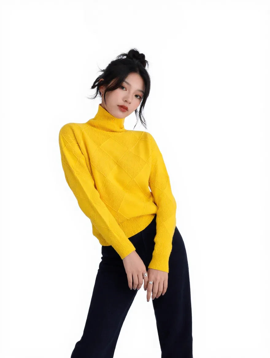 Women’s Argyle Wool Turtleneck Sweater – Soft Autumn/Winter Layer