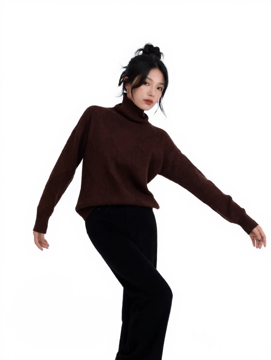 Women’s Argyle Wool Turtleneck Sweater – Soft Autumn/Winter Layer